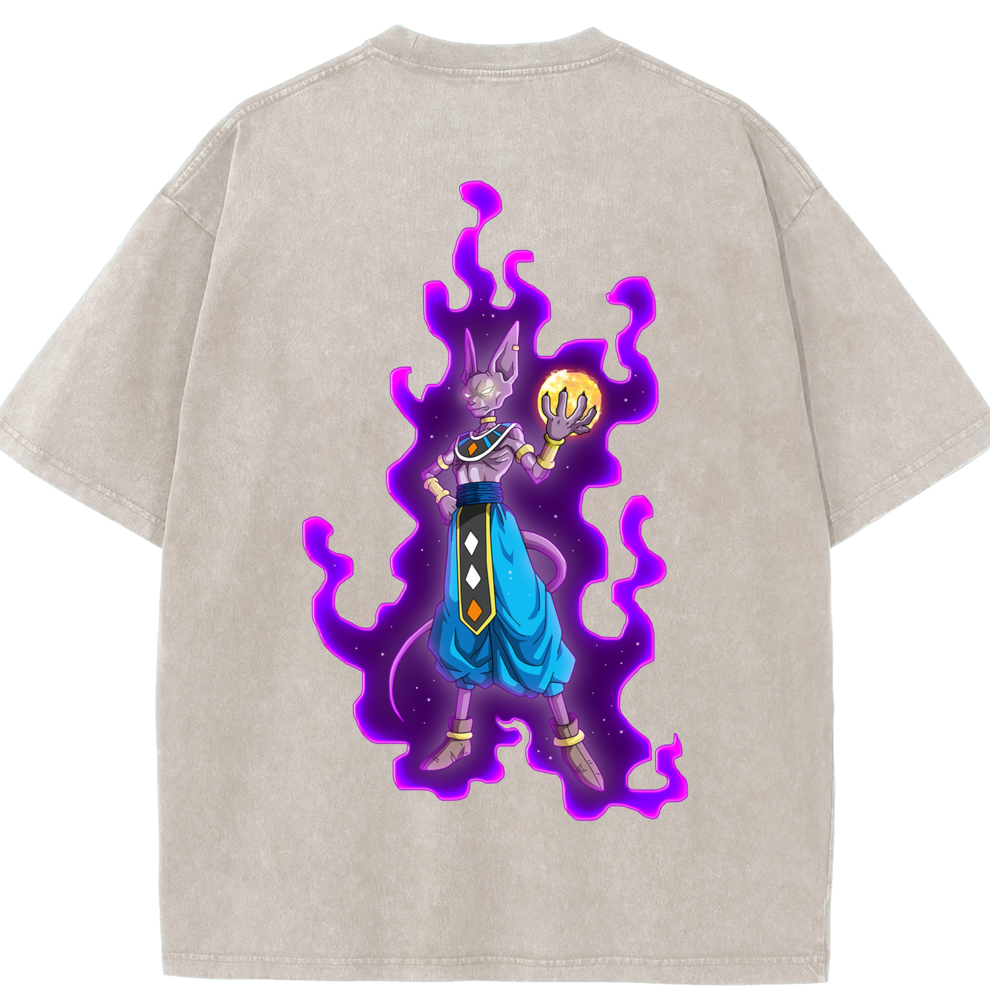 （画像用） ドラゴンボール ビルス 破壊神ビルス DRAGON BALL Beerus Birusu 綿100% ヴィンテージ風 半袖Tシャツ（背面プリント）