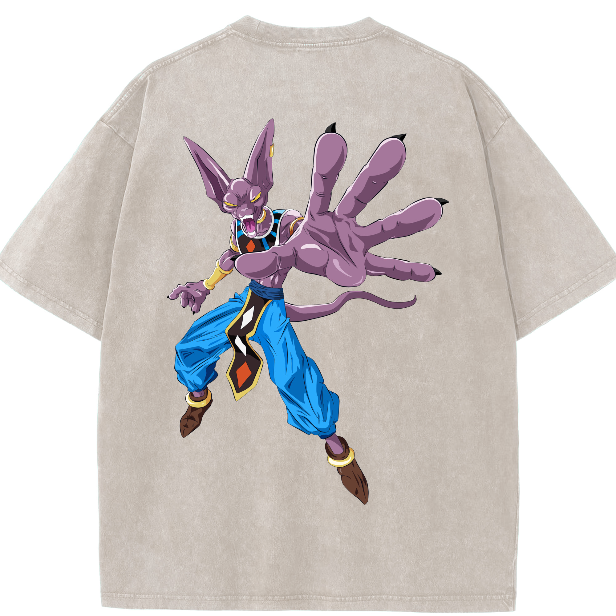 （画像用） ドラゴンボール ビルス 破壊神ビルス DRAGON BALL Beerus Birusu 綿100% ヴィンテージ風 半袖Tシャツ（背面プリント）