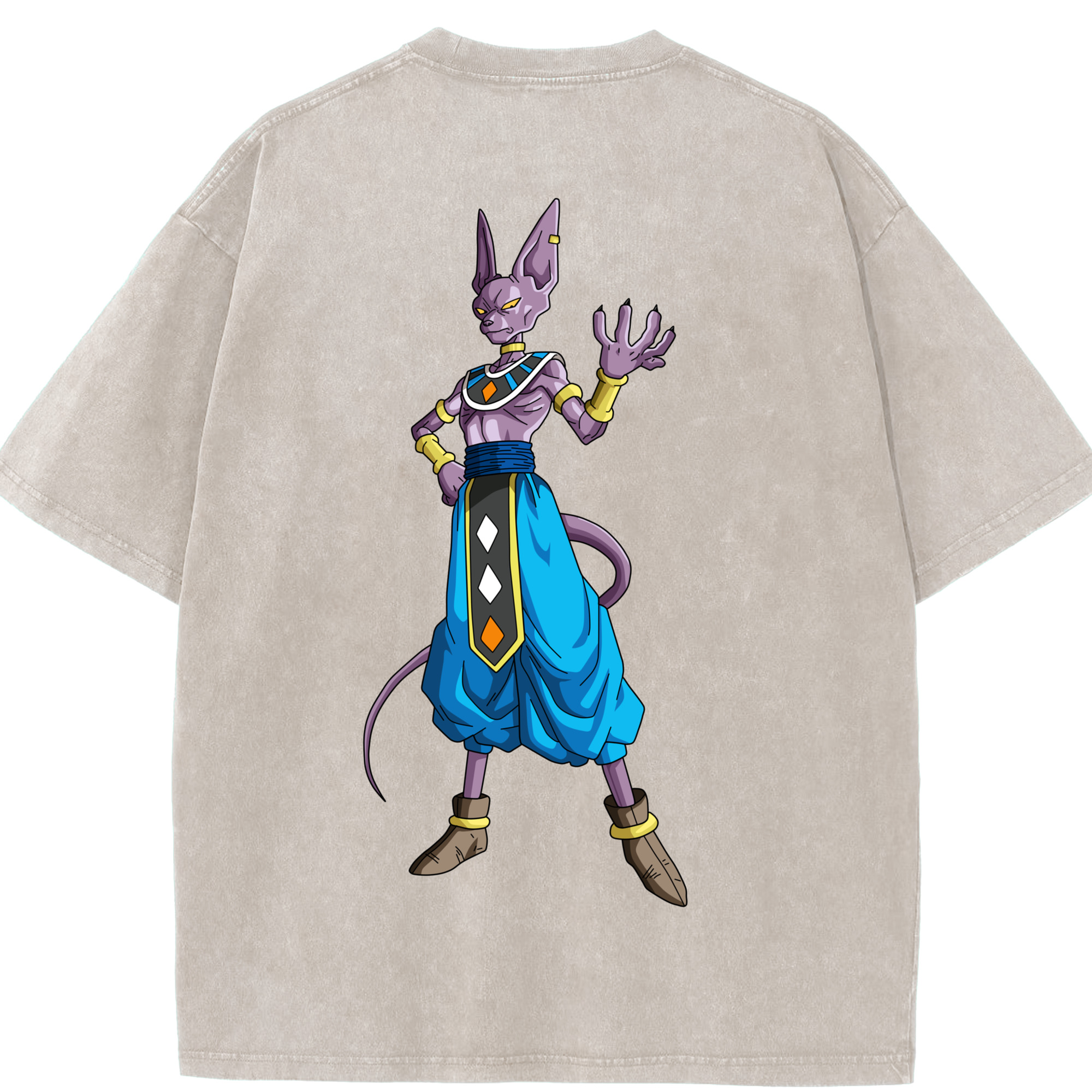 （画像用） ドラゴンボール ビルス 破壊神ビルス DRAGON BALL Beerus Birusu 綿100% ヴィンテージ風 半袖Tシャツ（背面プリント）