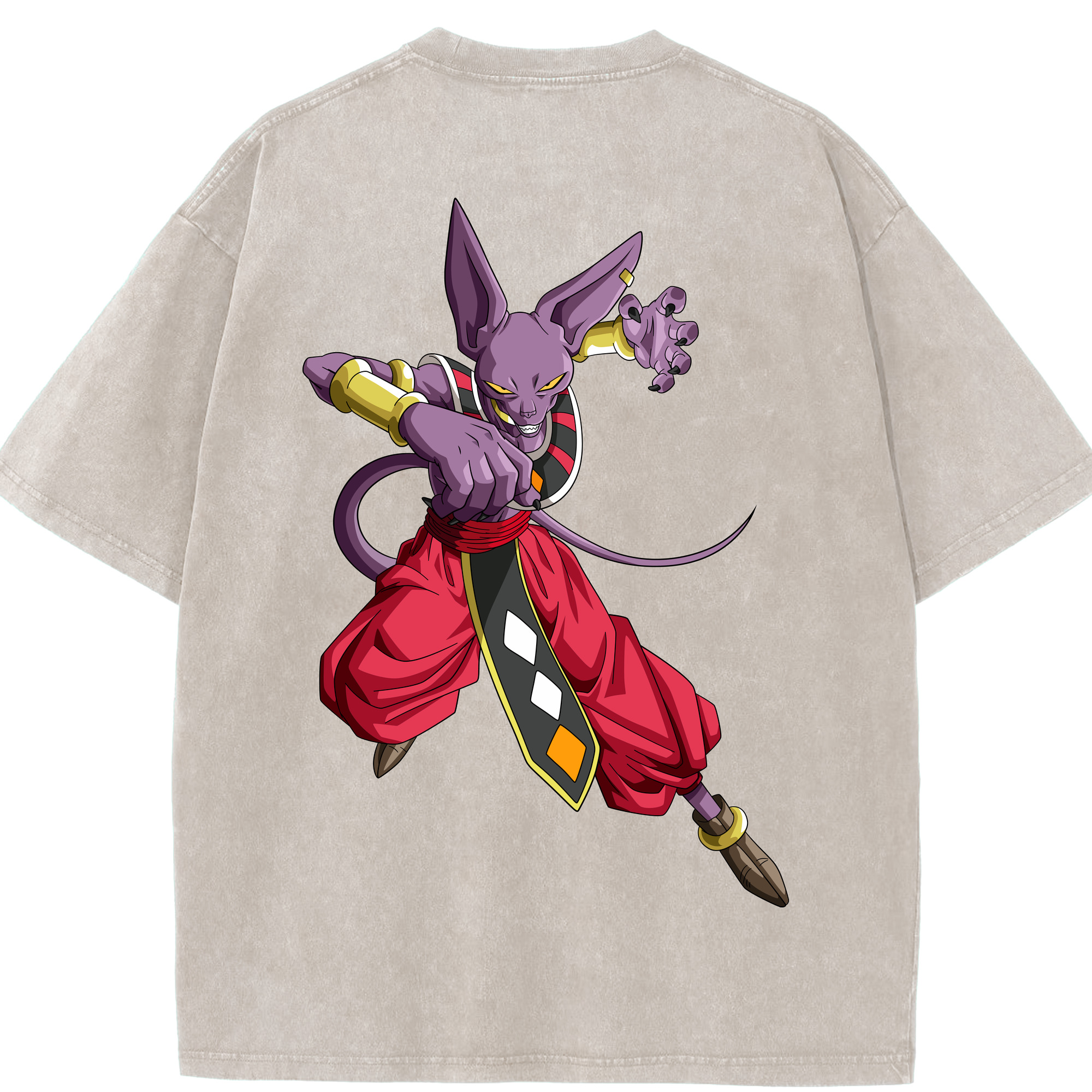 （画像用） ドラゴンボール ビルス 破壊神ビルス DRAGON BALL Beerus Birusu 綿100% ヴィンテージ風 半袖Tシャツ（背面プリント）