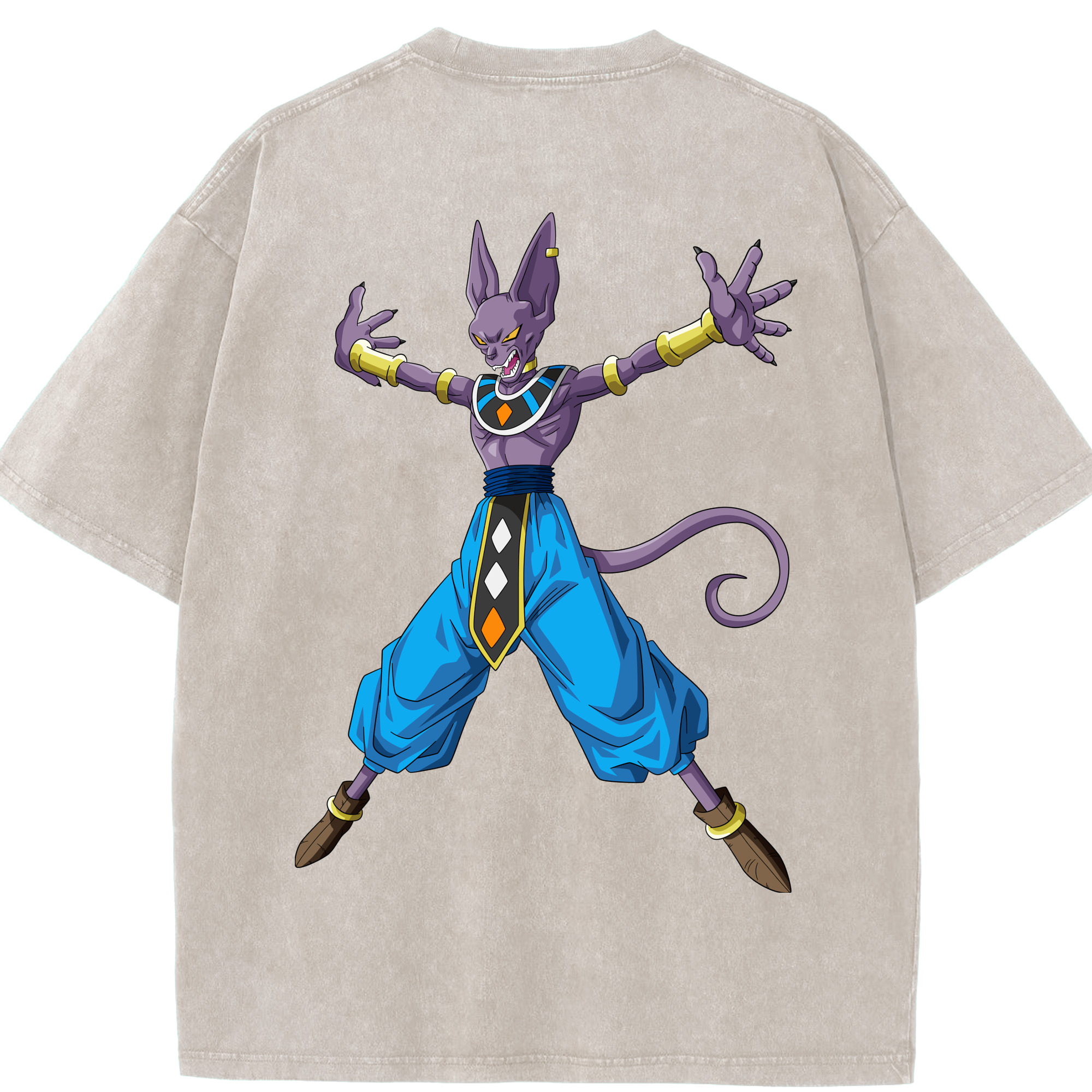 （画像用） ドラゴンボール ビルス 破壊神ビルス DRAGON BALL Beerus Birusu 綿100% ヴィンテージ風 半袖Tシャツ（背面プリント）
