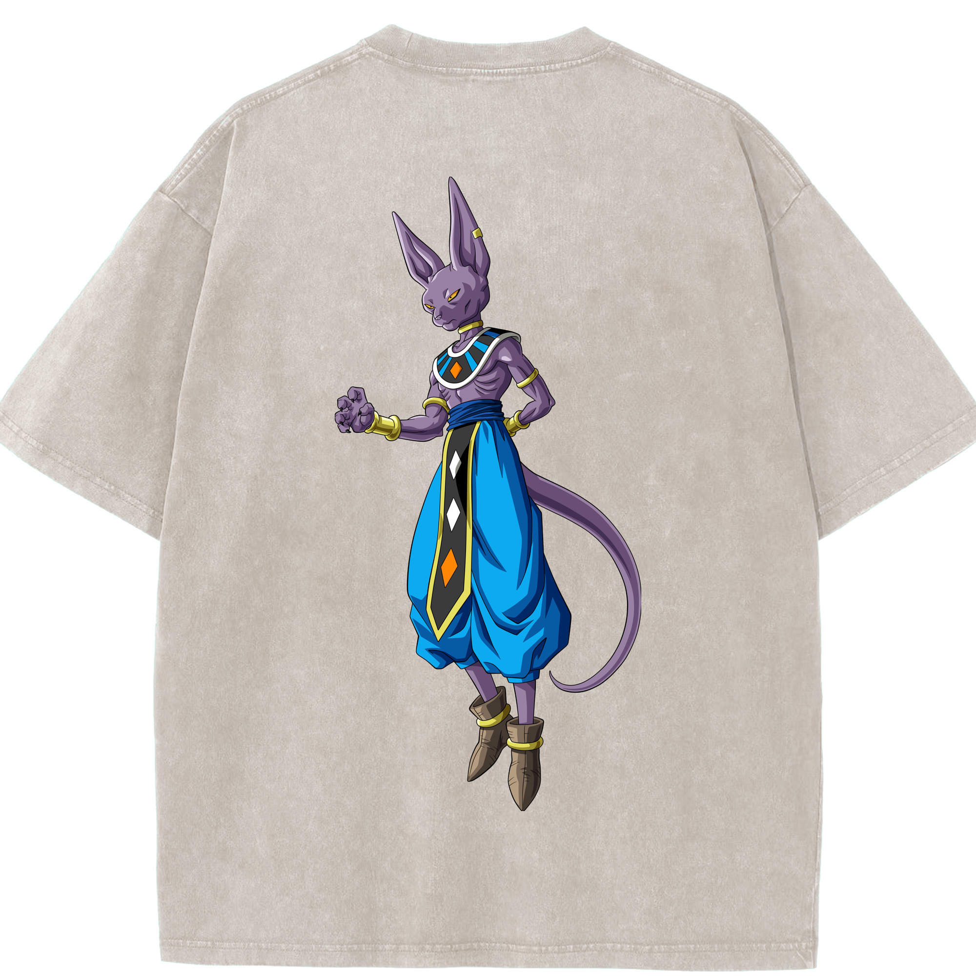 （画像用） ドラゴンボール ビルス 破壊神ビルス DRAGON BALL Beerus Birusu 綿100% ヴィンテージ風 半袖Tシャツ（背面プリント）