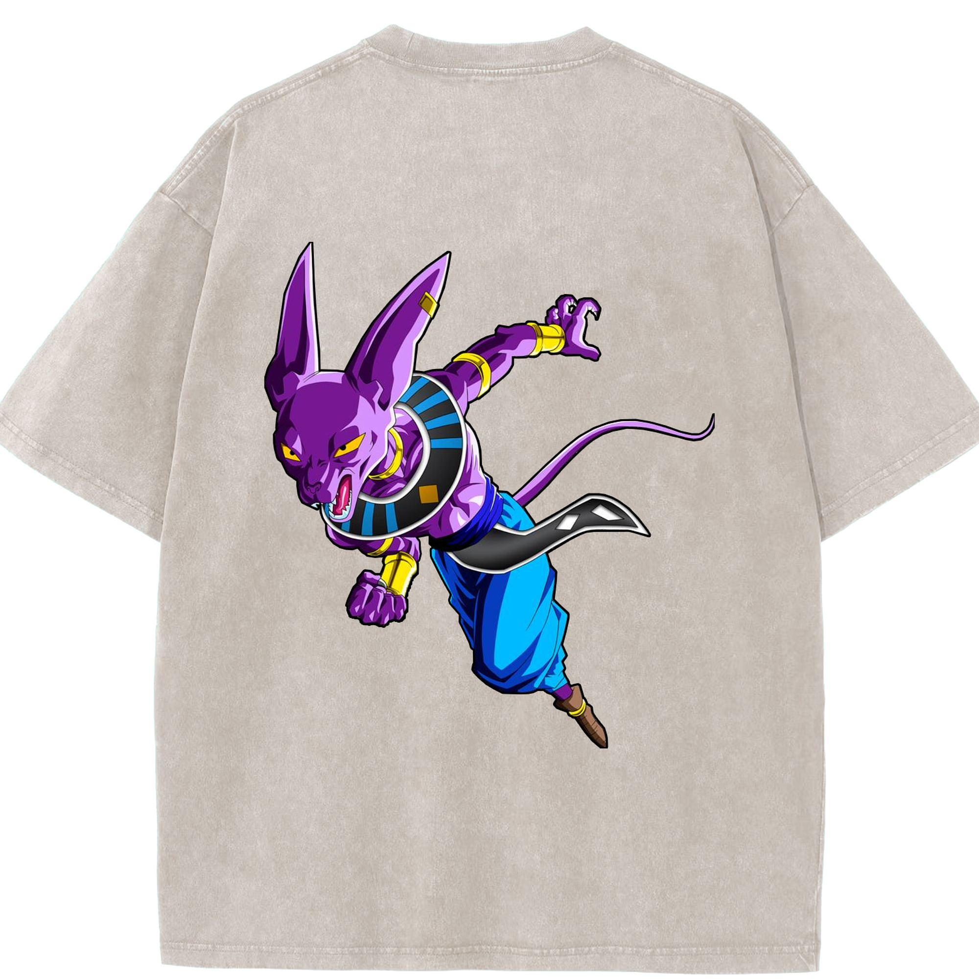 （画像用） ドラゴンボール ビルス 破壊神ビルス DRAGON BALL Beerus Birusu 綿100% ヴィンテージ風 半袖Tシャツ（背面プリント）