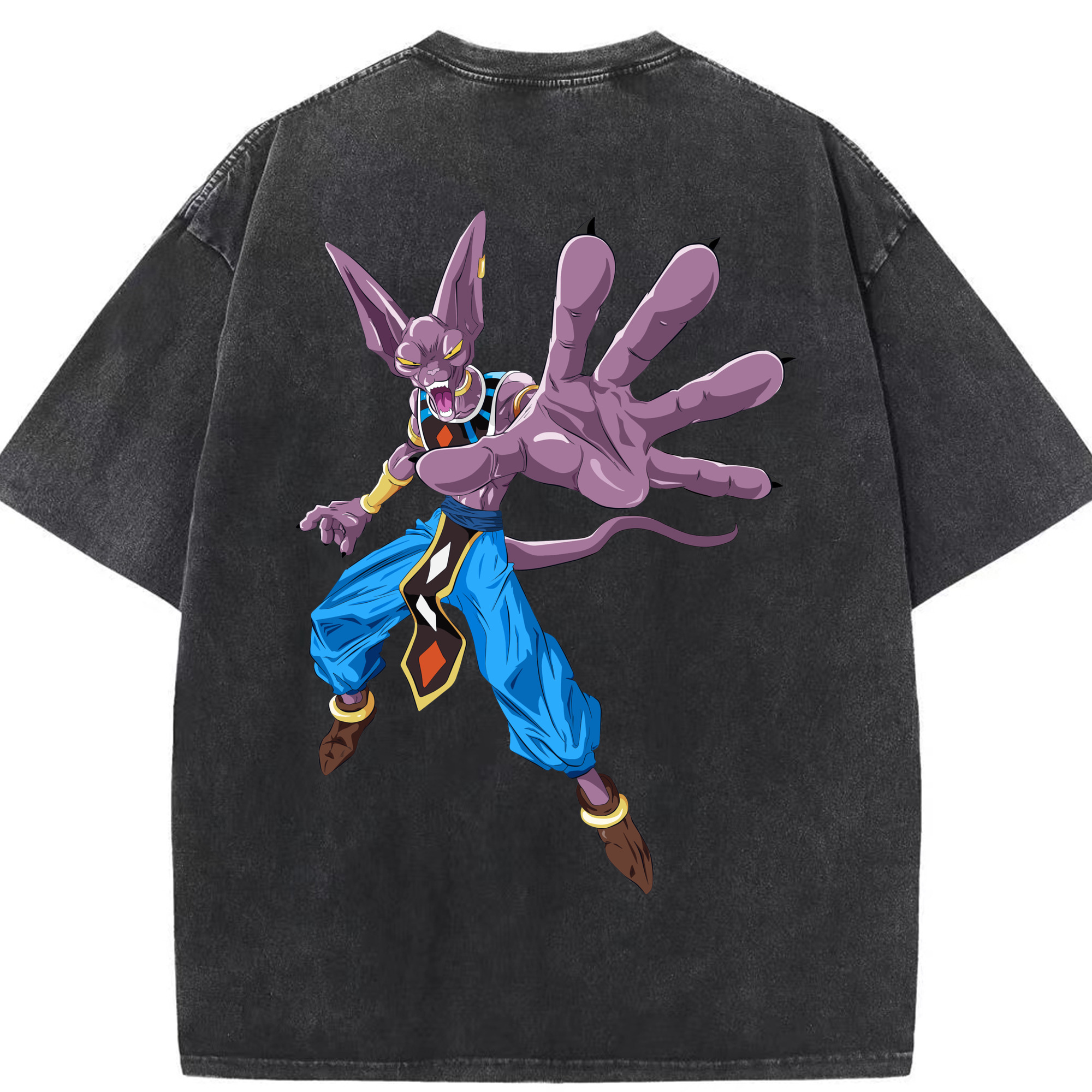 （画像用） ドラゴンボール ビルス 破壊神ビルス DRAGON BALL Beerus Birusu 綿100% ヴィンテージ風 半袖Tシャツ（背面プリント）