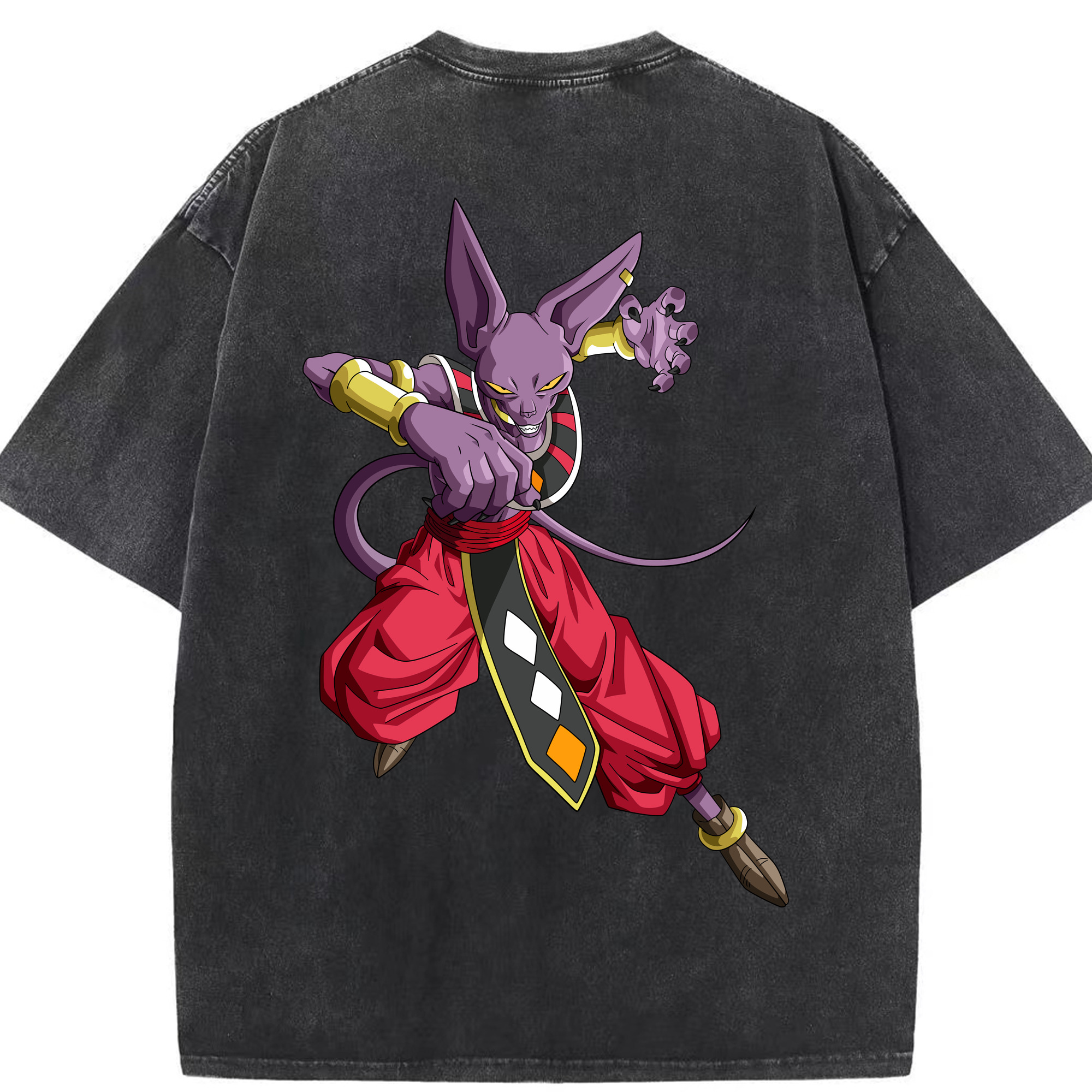 （画像用） ドラゴンボール ビルス 破壊神ビルス DRAGON BALL Beerus Birusu 綿100% ヴィンテージ風 半袖Tシャツ（背面プリント）