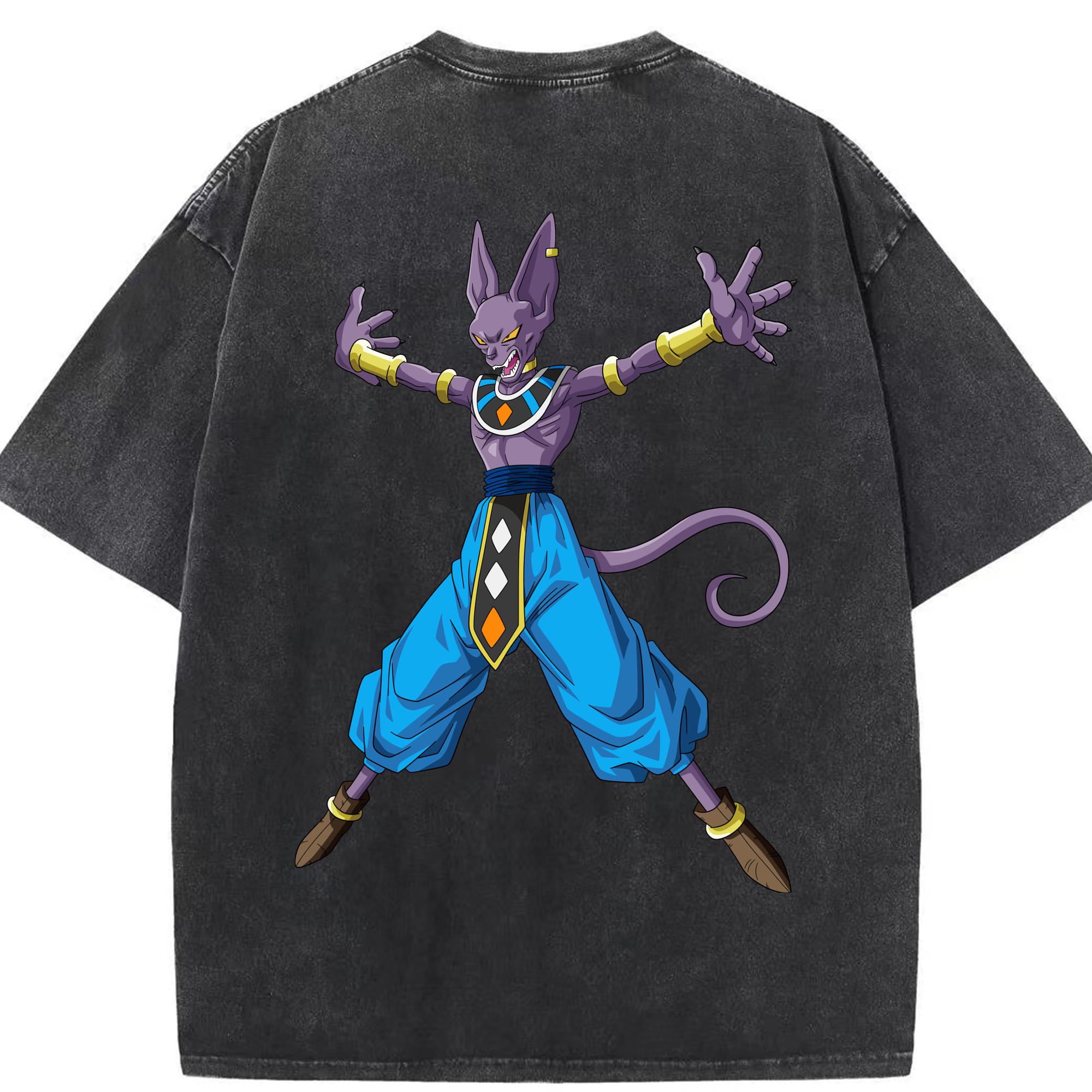 （画像用） ドラゴンボール ビルス 破壊神ビルス DRAGON BALL Beerus Birusu 綿100% ヴィンテージ風 半袖Tシャツ（背面プリント）