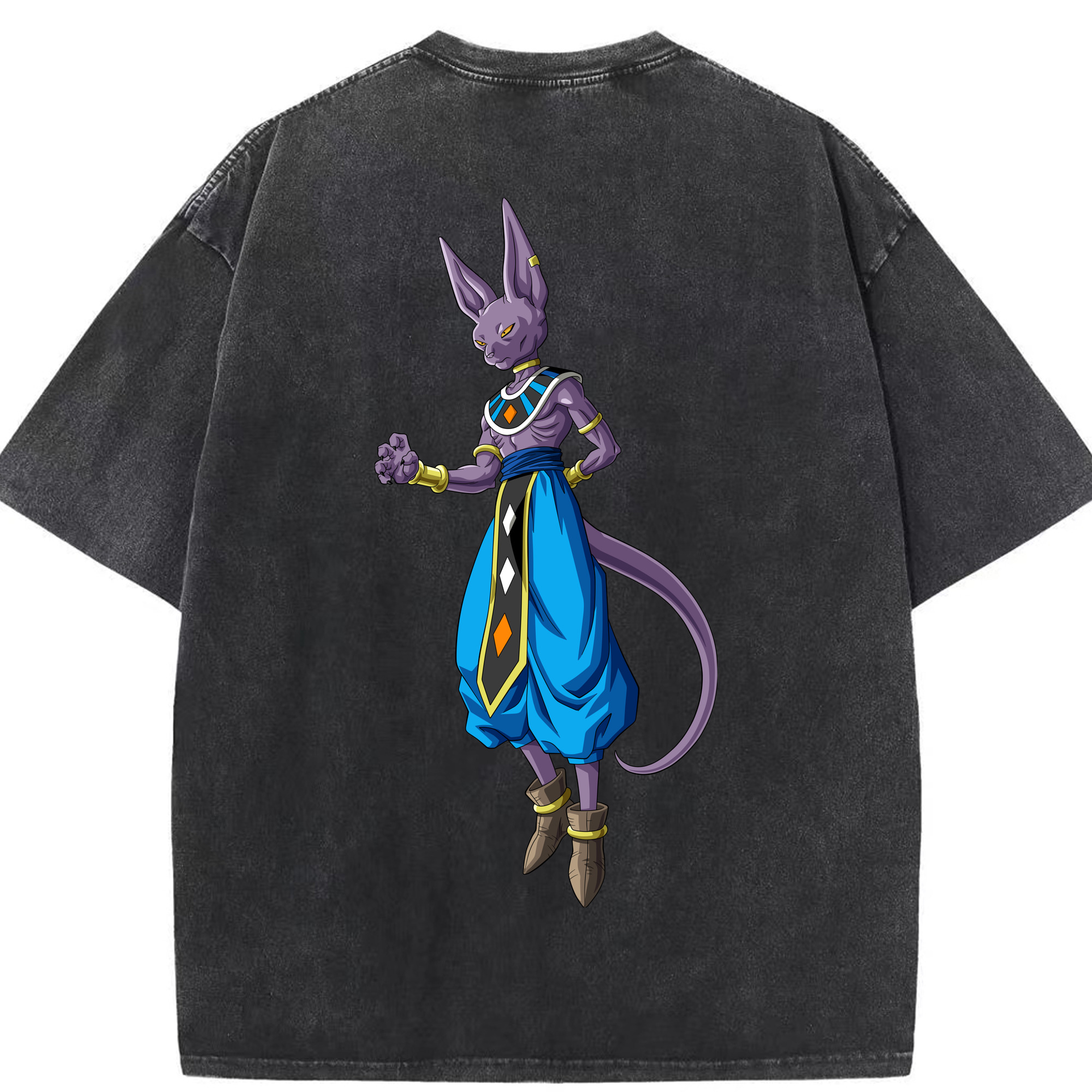 （画像用） ドラゴンボール ビルス 破壊神ビルス DRAGON BALL Beerus Birusu 綿100% ヴィンテージ風 半袖Tシャツ（背面プリント）