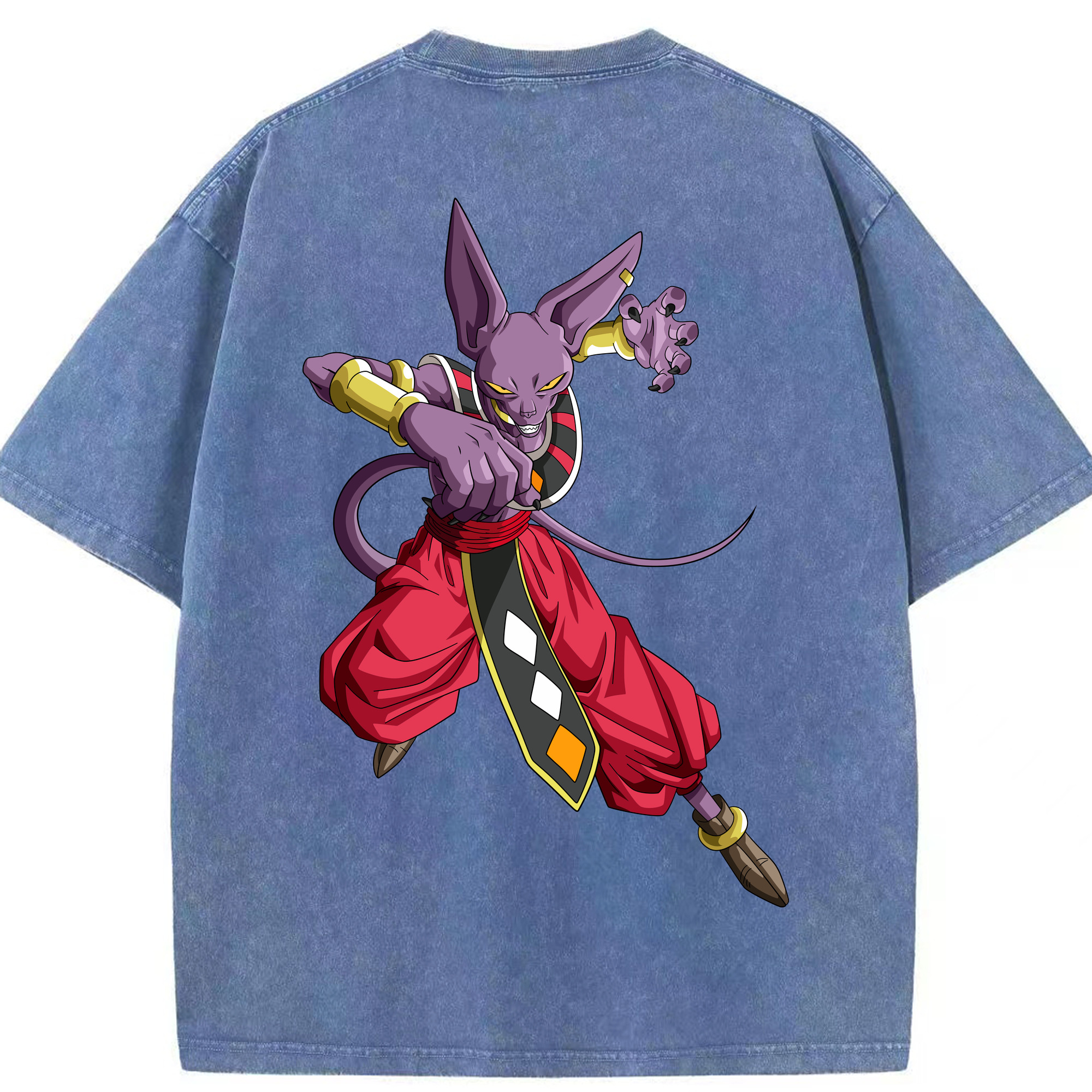 （画像用） ドラゴンボール ビルス 破壊神ビルス DRAGON BALL Beerus Birusu 綿100% ヴィンテージ風 半袖Tシャツ（背面プリント）