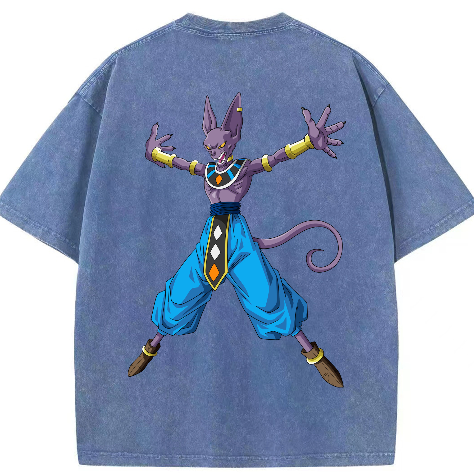 （画像用） ドラゴンボール ビルス 破壊神ビルス DRAGON BALL Beerus Birusu 綿100% ヴィンテージ風 半袖Tシャツ（背面プリント）