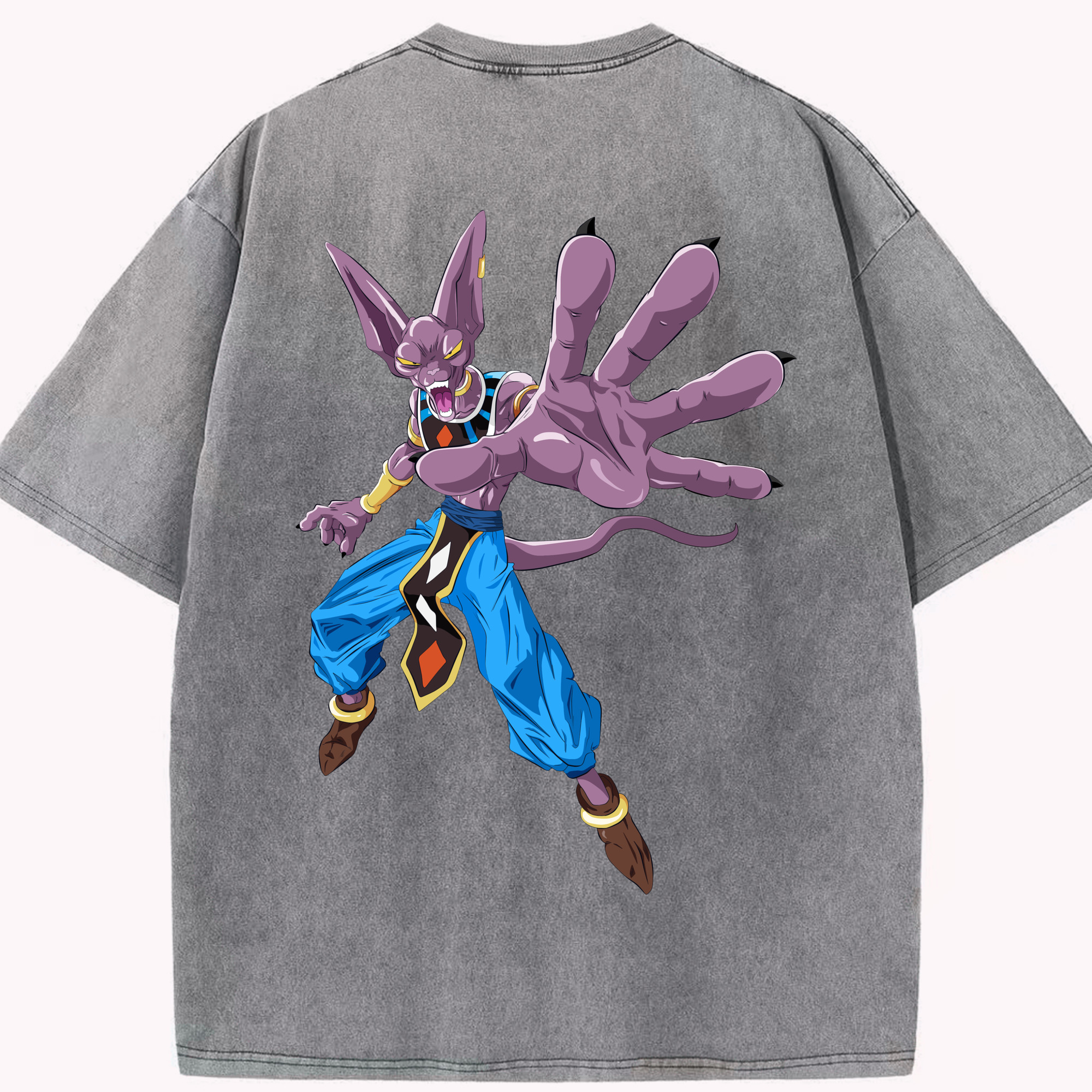 （画像用） ドラゴンボール ビルス 破壊神ビルス DRAGON BALL Beerus Birusu 綿100% ヴィンテージ風 半袖Tシャツ（背面プリント）