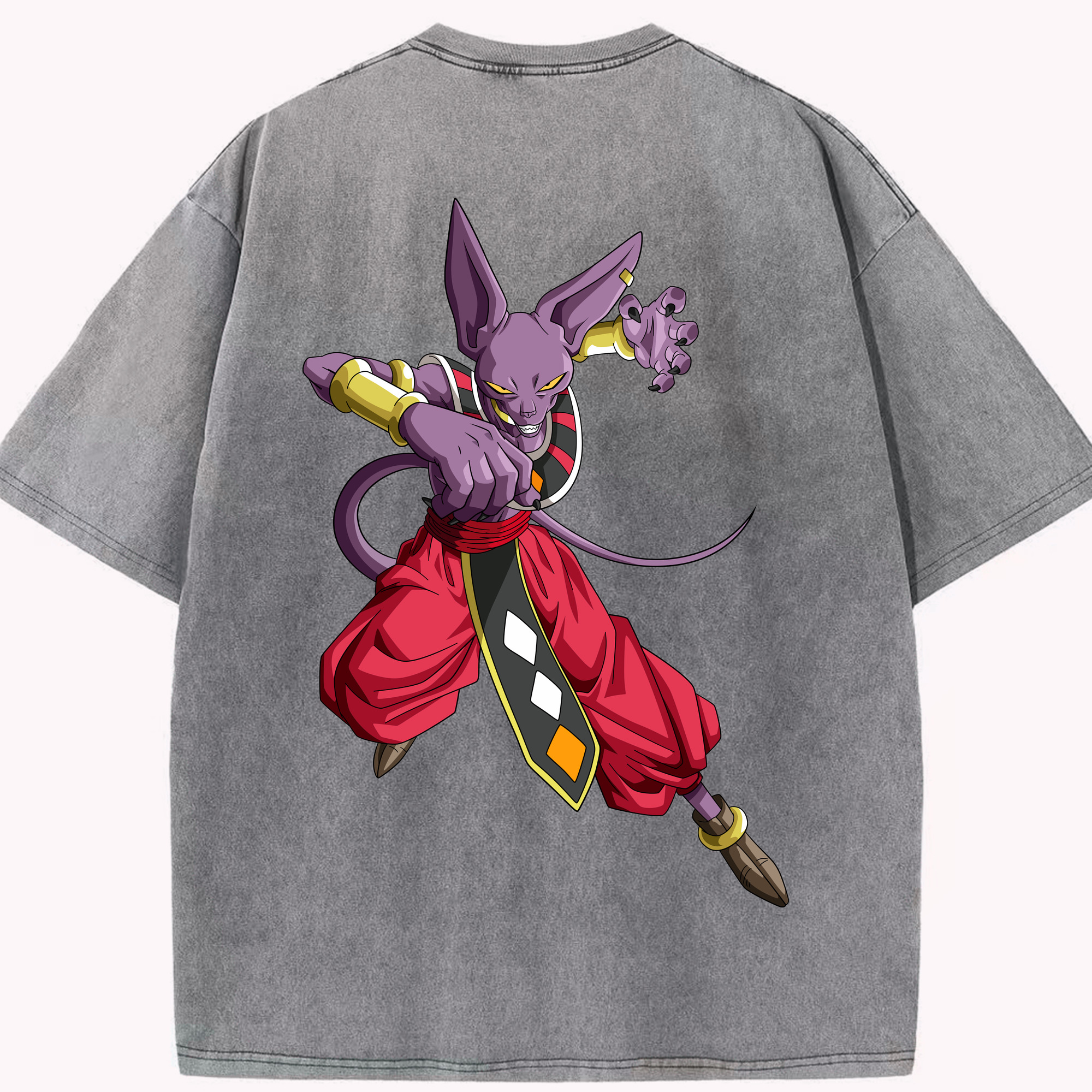 （画像用） ドラゴンボール ビルス 破壊神ビルス DRAGON BALL Beerus Birusu 綿100% ヴィンテージ風 半袖Tシャツ（背面プリント）