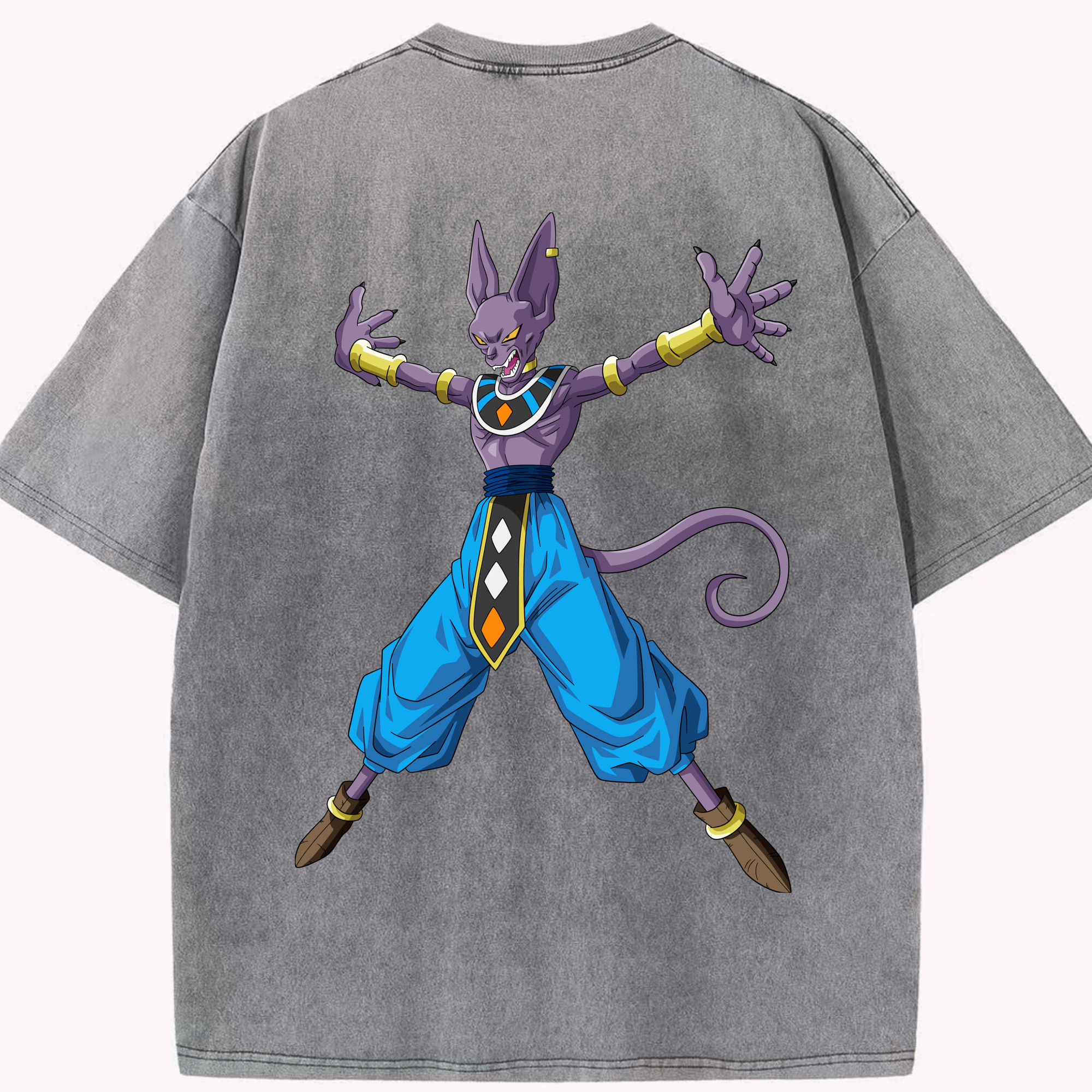 （画像用） ドラゴンボール ビルス 破壊神ビルス DRAGON BALL Beerus Birusu 綿100% ヴィンテージ風 半袖Tシャツ（背面プリント）
