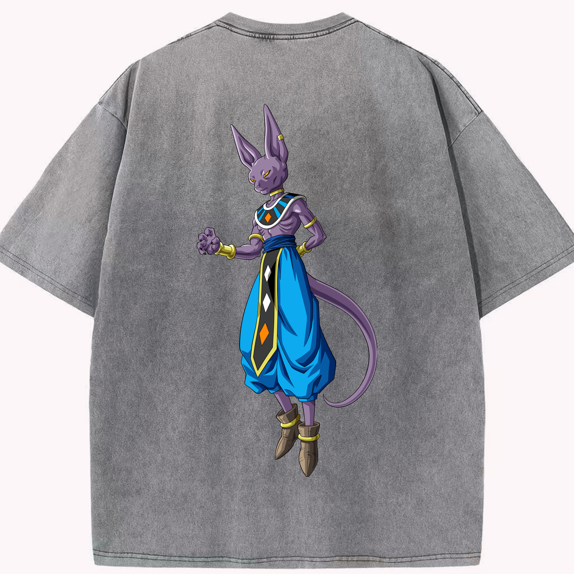 （画像用） ドラゴンボール ビルス 破壊神ビルス DRAGON BALL Beerus Birusu 綿100% ヴィンテージ風 半袖Tシャツ（背面プリント）