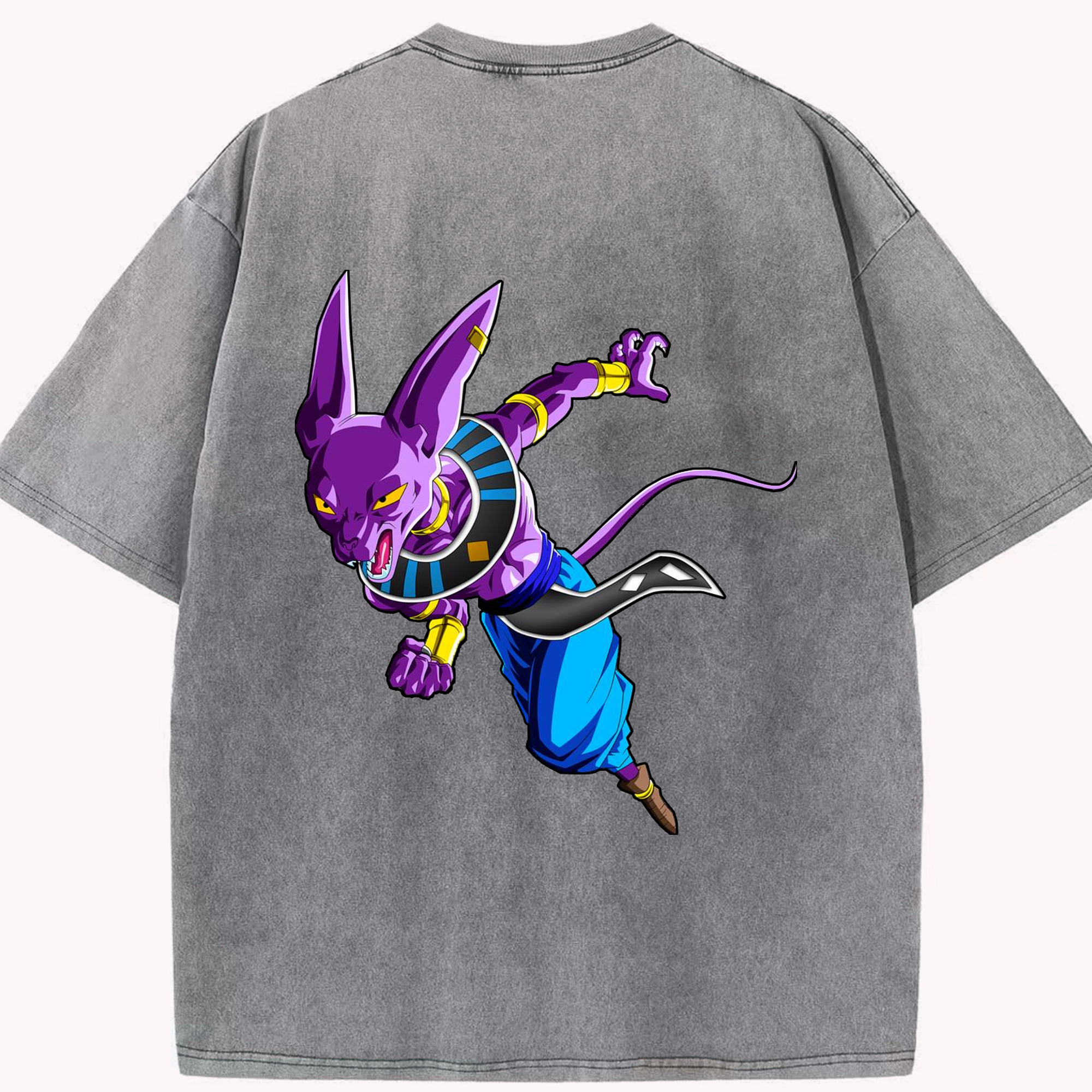 （画像用） ドラゴンボール ビルス 破壊神ビルス DRAGON BALL Beerus Birusu 綿100% ヴィンテージ風 半袖Tシャツ（背面プリント）