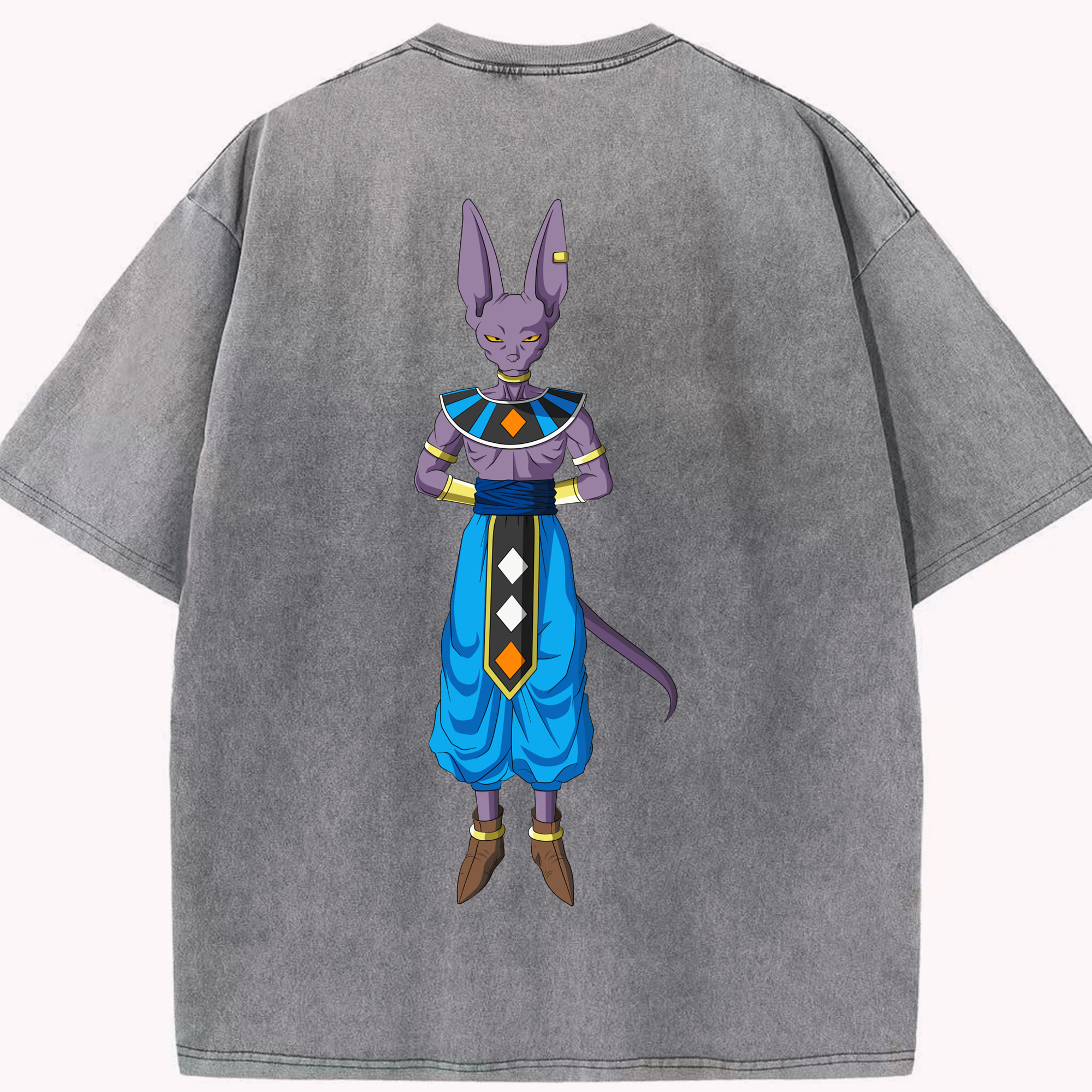 （画像用） ドラゴンボール ビルス 破壊神ビルス DRAGON BALL Beerus Birusu 綿100% ヴィンテージ風 半袖Tシャツ（背面プリント）
