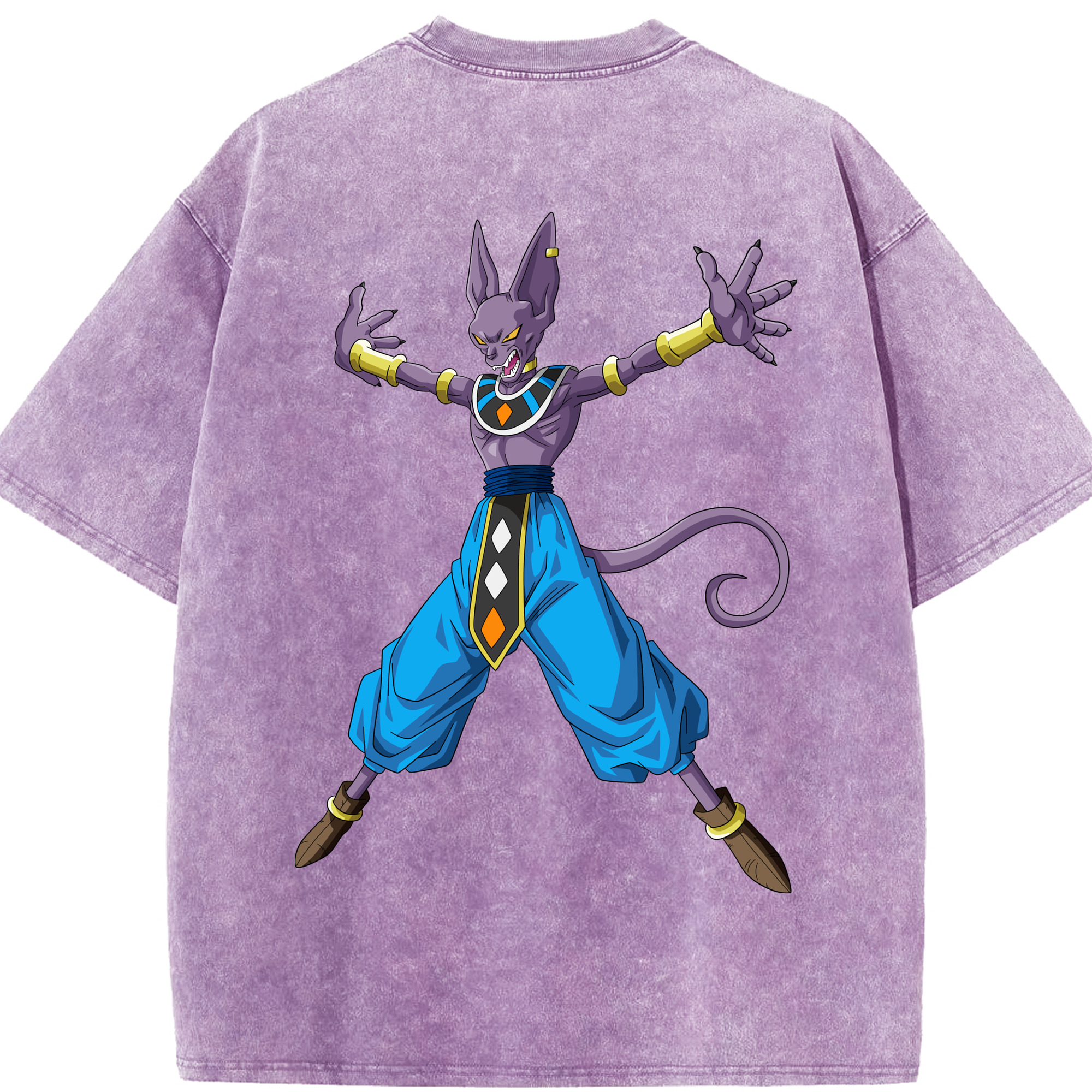 （画像用） ドラゴンボール ビルス 破壊神ビルス DRAGON BALL Beerus Birusu 綿100% ヴィンテージ風 半袖Tシャツ（背面プリント）